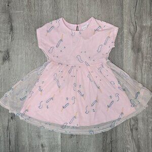 Pink Hanna Andersson Girls Unicorn Embroidered Dress W/ Sheer Overlay Size 6-7